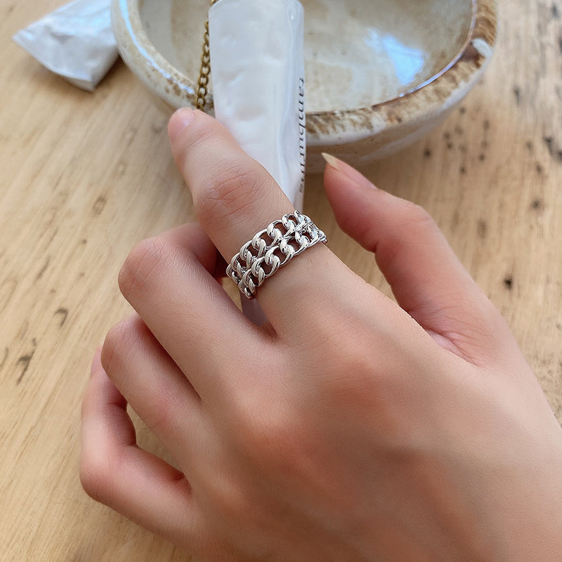 French 925 Sterling Silver Double Chain Ring