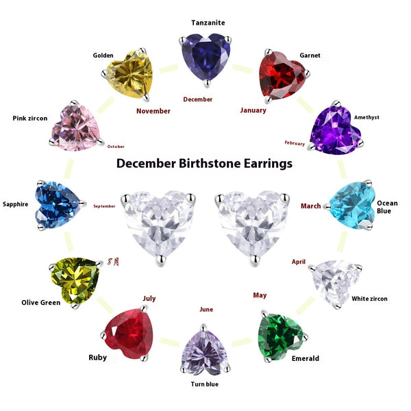 S925 Sterling Silver Simple Heart-Shaped Zircon Birthstone Stud Earrings