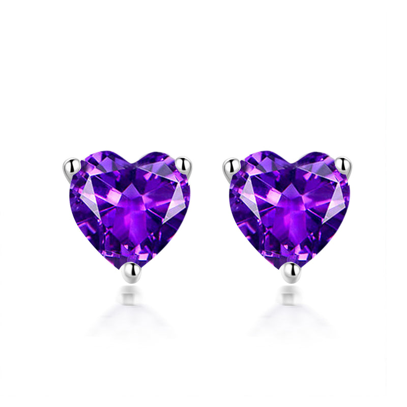 S925 Sterling Silver Simple Heart-Shaped Zircon Birthstone Stud Earrings