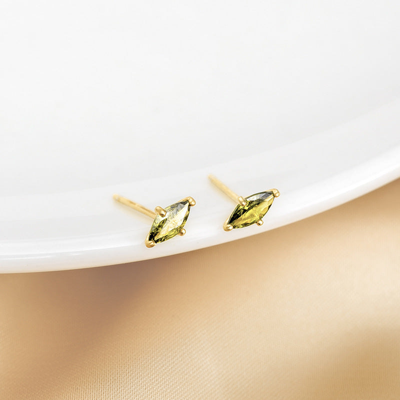 S925 Sterling Silver Gold Plated Olive Green Marquise Stud Earrings