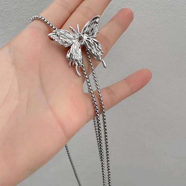 Drawable Silver Butterfly Tassel Necklace