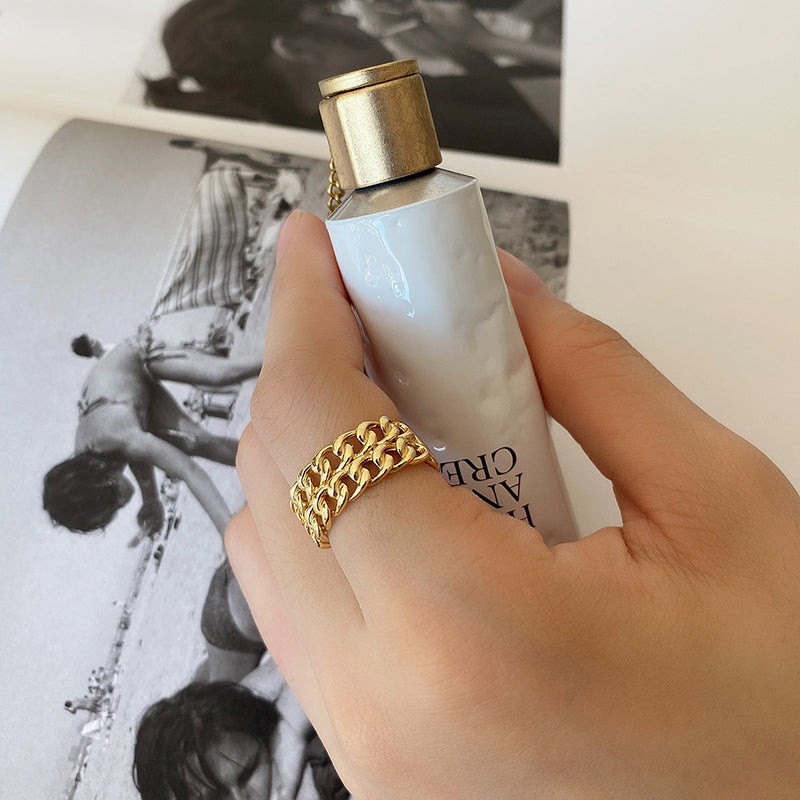 French 925 Sterling Silver Double Chain Ring