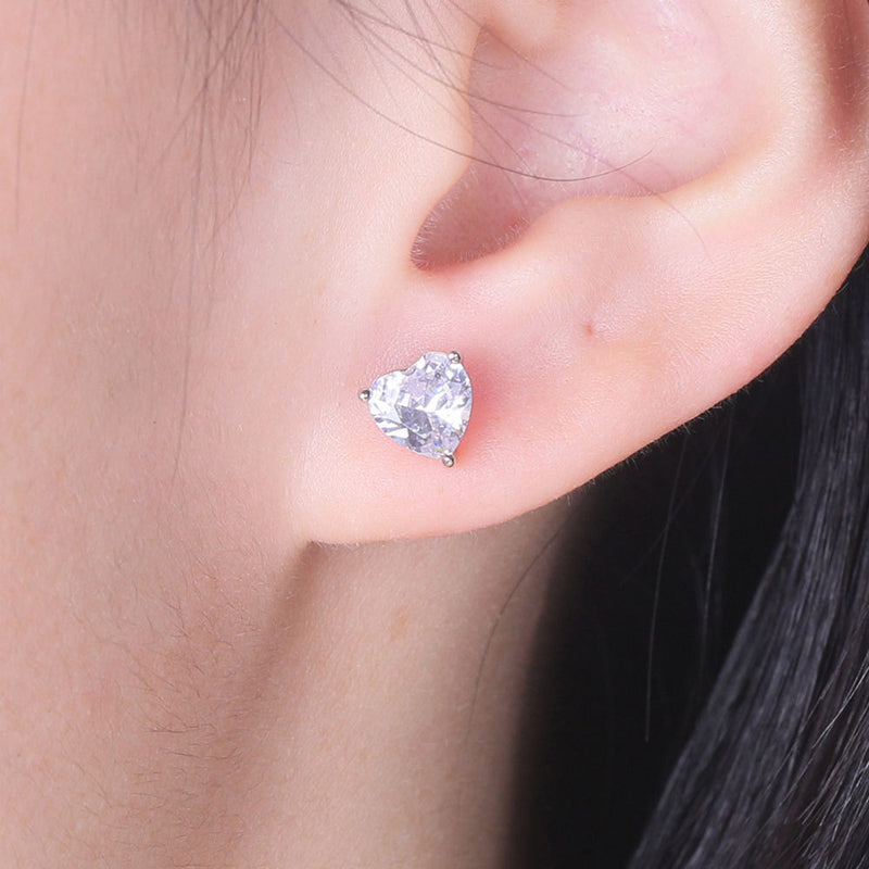 S925 Sterling Silver Simple Heart-Shaped Zircon Birthstone Stud Earrings