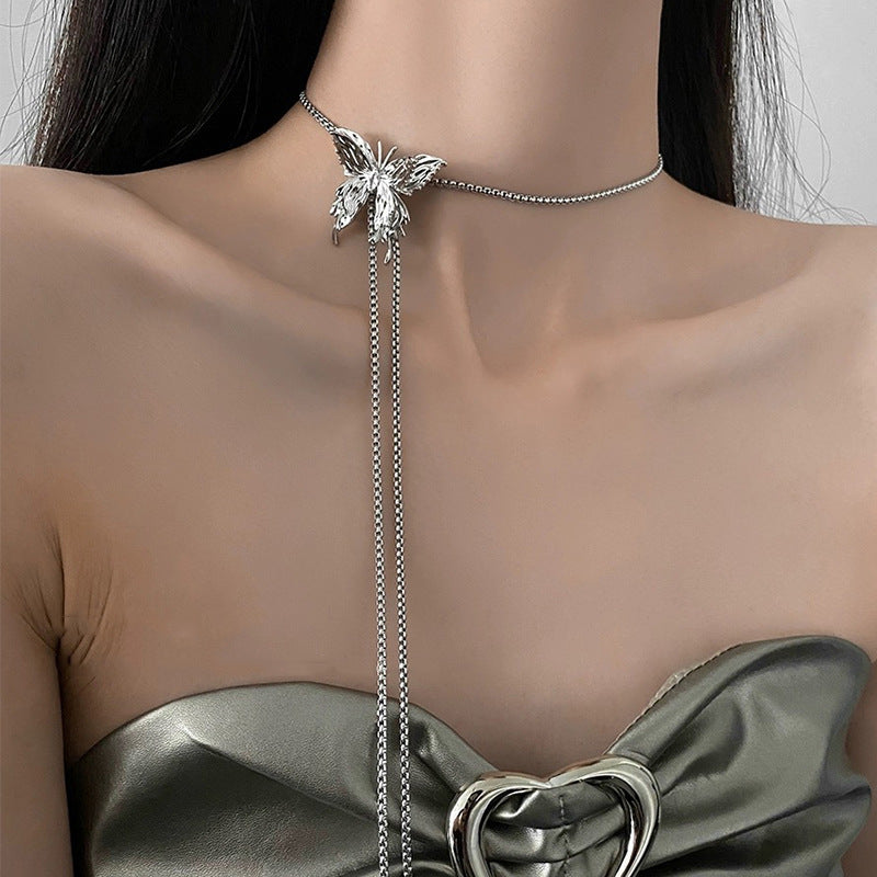 Drawable Silver Butterfly Tassel Necklace