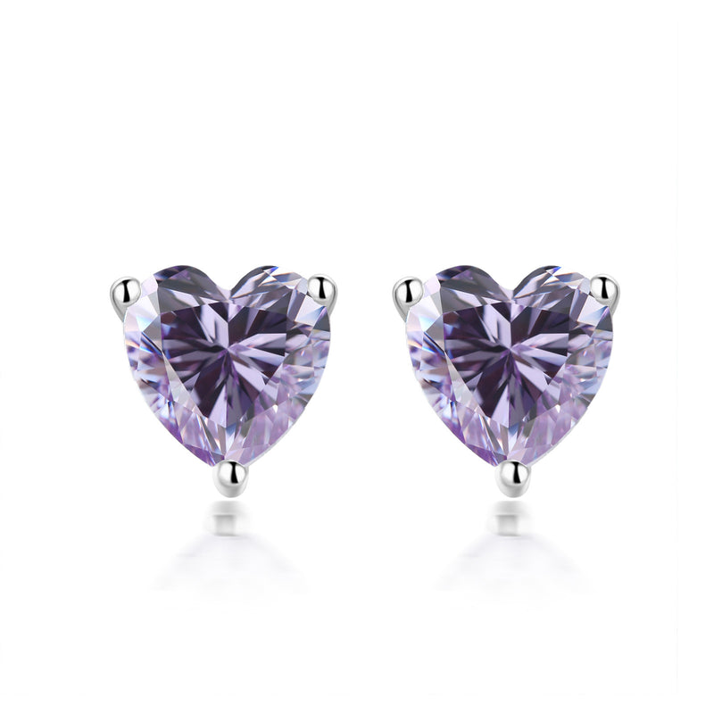 S925 Sterling Silver Simple Heart-Shaped Zircon Birthstone Stud Earrings