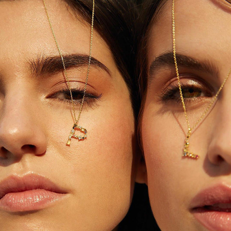 English Letter Alphabet Necklace Female Colorful Crystals Gem S925 Pure